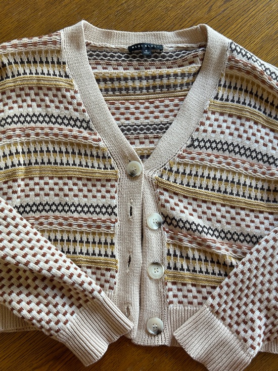 Blue Blush Sweaters - Blue Blush Beige Knit Cardigan with Mustard & Brown Stripes
